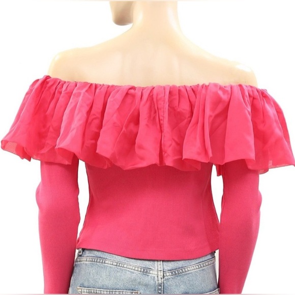 By Anthropologie Off-The-Shoulder Organza Ruffle Top Small Pink - Picture 8 of 9